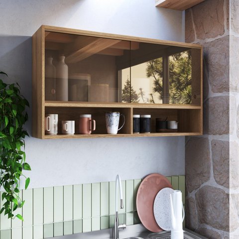 Armário Aéreo 2 Porta 2 Nichos 120cm Vidro Reflecta Veneza Modulada Bege/Mel