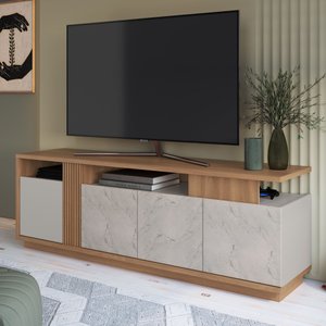 Rack para Tv de até 80 Polegadas com Detalhe Ripado e 3 Portas Marmorizadas Roma