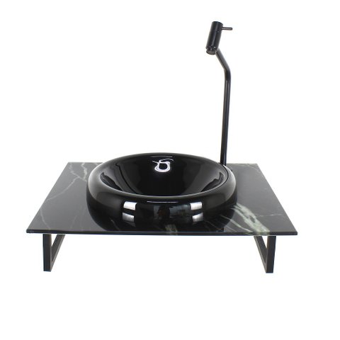 GABINETE COM CUBA DE VIDRO CHAPEU 10MM PRETA COM TAMPO 50CM MARMORE PRETO MAIS TORNEIRA PRETA