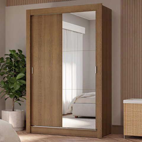 Guarda-roupa Solteiro 2 Portas de Correr com Espelho 4 Gavetas Rustic Vivare Plus Madesa Rustic