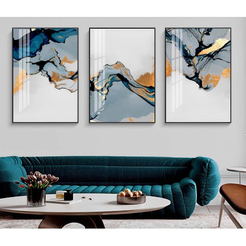 Kit 3 Quadros Abstrato Azul Água - Tela Canvas com Moldura Flutuante em Vários Tamanhos - Artfine