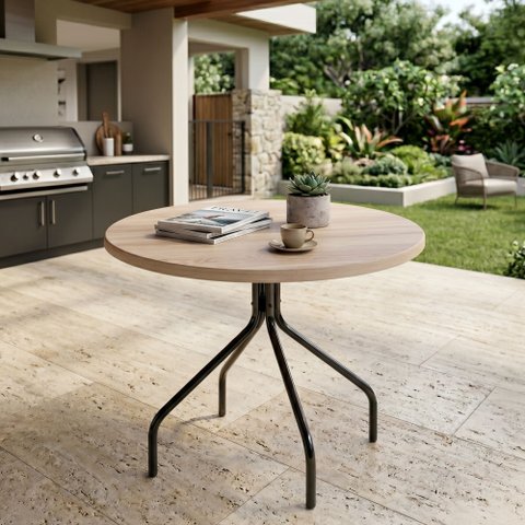Mesa de Jantar Redonda Tampo Madeira Maciça 90cm com Base de Aço Casual Marrom/Preto/Pinus