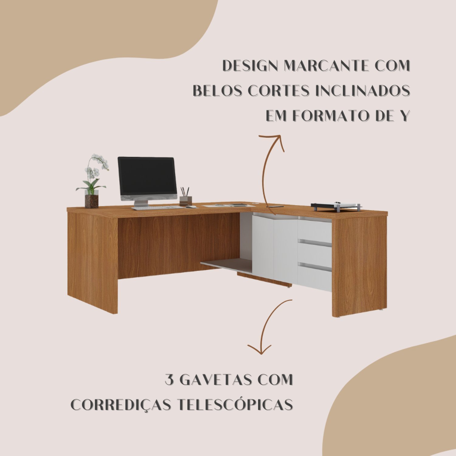 Mesa para Escritório em L Chefia com 2 Portas 3 Gavetas em Tamburato Y37 - 14