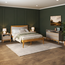 Ver imagem 1 de Conjunto Quarto Casal com Cama Casal com Cabeceira Estofada, 2 Mesas de Cabeceira e Cômoda 4 Gavetas com Pés de Madeira Maciça Bento Yescasa Bege/Cappuccino/Amêndoa