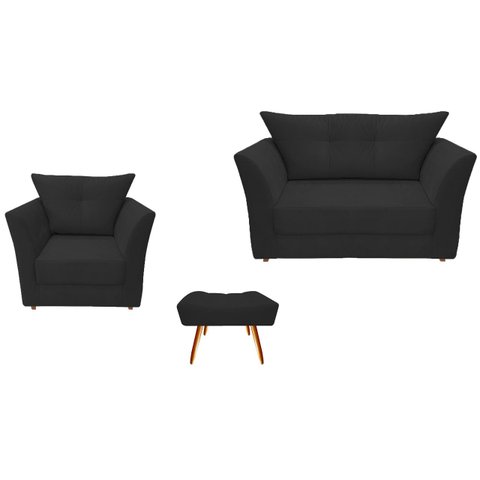Kit Namoradeira + 1 Poltrona Decorativa Isis + 1 Puff Retangular Couro Preto Pés Madeira Ms Decor