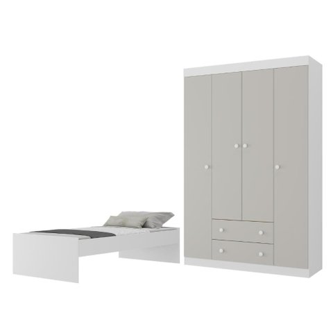 Jogo de Quarto com Cama Solteiro e Guarda-Roupa 4 Portas 2 Gavetas Lira Multimóveis MP4836 Branco/