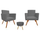 Ver imagem 1 de Kit 2 Poltronas Decorativa Bia + Puff Redondo Suede Cinza Pés Madeira Ms Decor