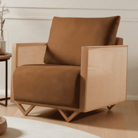 Poltrona para Sala de Estar Madeira Maciça Palha Rattan Arthur Marrom Caramelo