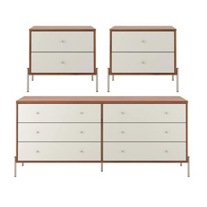 Conjunto 2 Mesas de Cabeceira e Cômoda 6 Gavetas Jasper - Off White Fosco C/ Canella - Champanhe