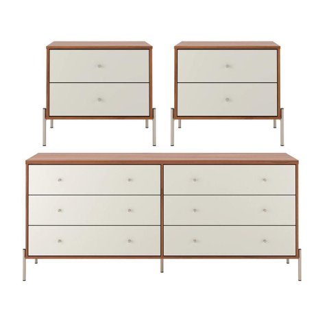 Conjunto 2 Mesas de Cabeceira e Cômoda 6 Gavetas Jasper - Off White Fosco C/ Canella - Champanhe