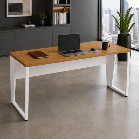 Mesa Escrivaninha 1,80 m X 0,60 m Escritório Corporativo Pés Metal 100% MDF F5 Office Cor:Freijó