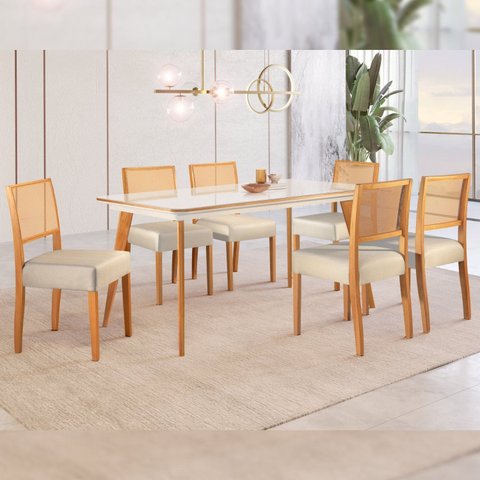 Conjunto Sala de Jantar 6 Lugares Tampo Vidro/MDF 160cm Madeira Maciça Mesa Mad e Cadeiras Versales
