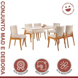 Conjunto Sala de Jantar Mesa Mad 160cm com 6 Cadeiras Debora estrutura em madeira Maciça e Tampo MDF/Vidro - 2