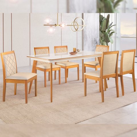 Conjunto Sala de Jantar 6 Lugares Tampo Vidro/MDF 160cm Madeira Maciça Mesa Mad e Cadeiras Berlim Ci