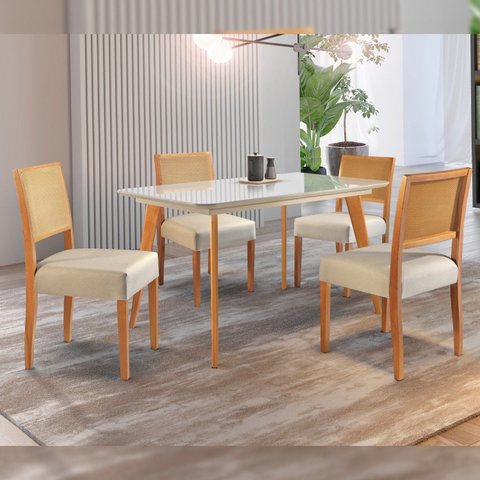 Conjunto Sala de Jantar 4 Lugares Tampo Vidro/MDF 120cm Madeira Maciça Mesa e Cadeiras Versales Cina