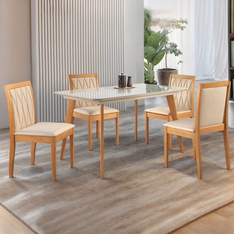 Conjunto Sala de Jantar 4 Lugares Tampo Vidro/MDF 120cm Madeira Maciça Mesa Versales Cadeiras Hydra