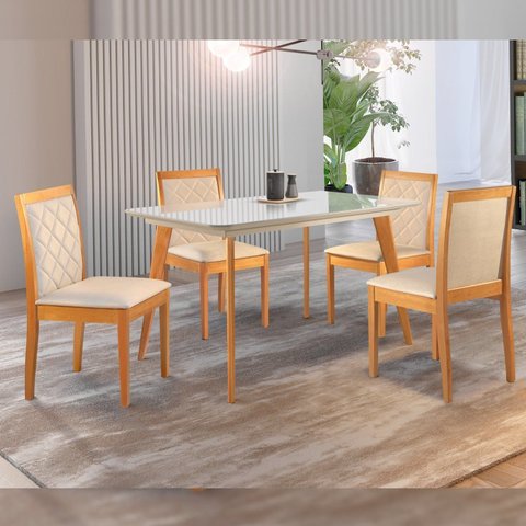 Conjunto Sala de Jantar 4 Lugares Tampo Vidro/MDF 120cm Madeira Maciça Mesa Versales Cadeiras Berlim