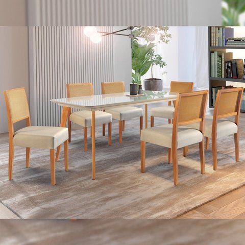 Conjunto Sala de Jantar 6 Lugares Tampo Vidro/MDF 140cm Madeira Maciça Mesa e Cadeiras Versales Cinamomo/Off White/Tela