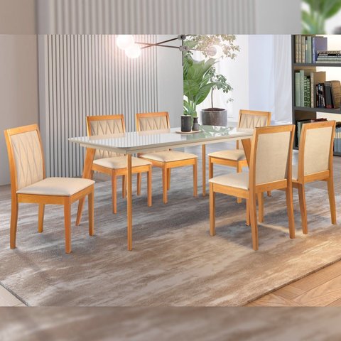 Conjunto Sala de Jantar 6 Lugares Tampo Vidro/MDF 140cm Madeira Maciça Mesa Versales Cadeiras Hydra