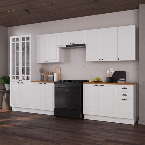 Armário de Cozinha Modulada Completa Fidelitá Nara 100% MDF 6 Peças 360cm 16 Portas 2 Gavetas com