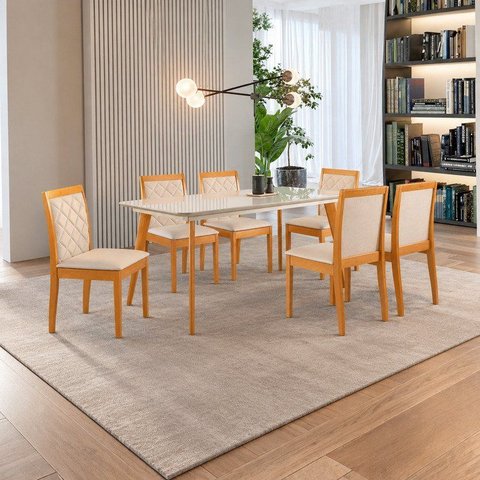 Conjunto Sala de Jantar 6 Lugares Tampo Vidro/MDF 140cm Madeira Maciça Mesa Versales Cadeiras Berlim