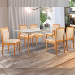 Conjunto Sala de Jantar Mesa Versales 140cm com 6 Cadeiras Berlim estrutura em madeira Maciça e Tampo MDF/Vidro