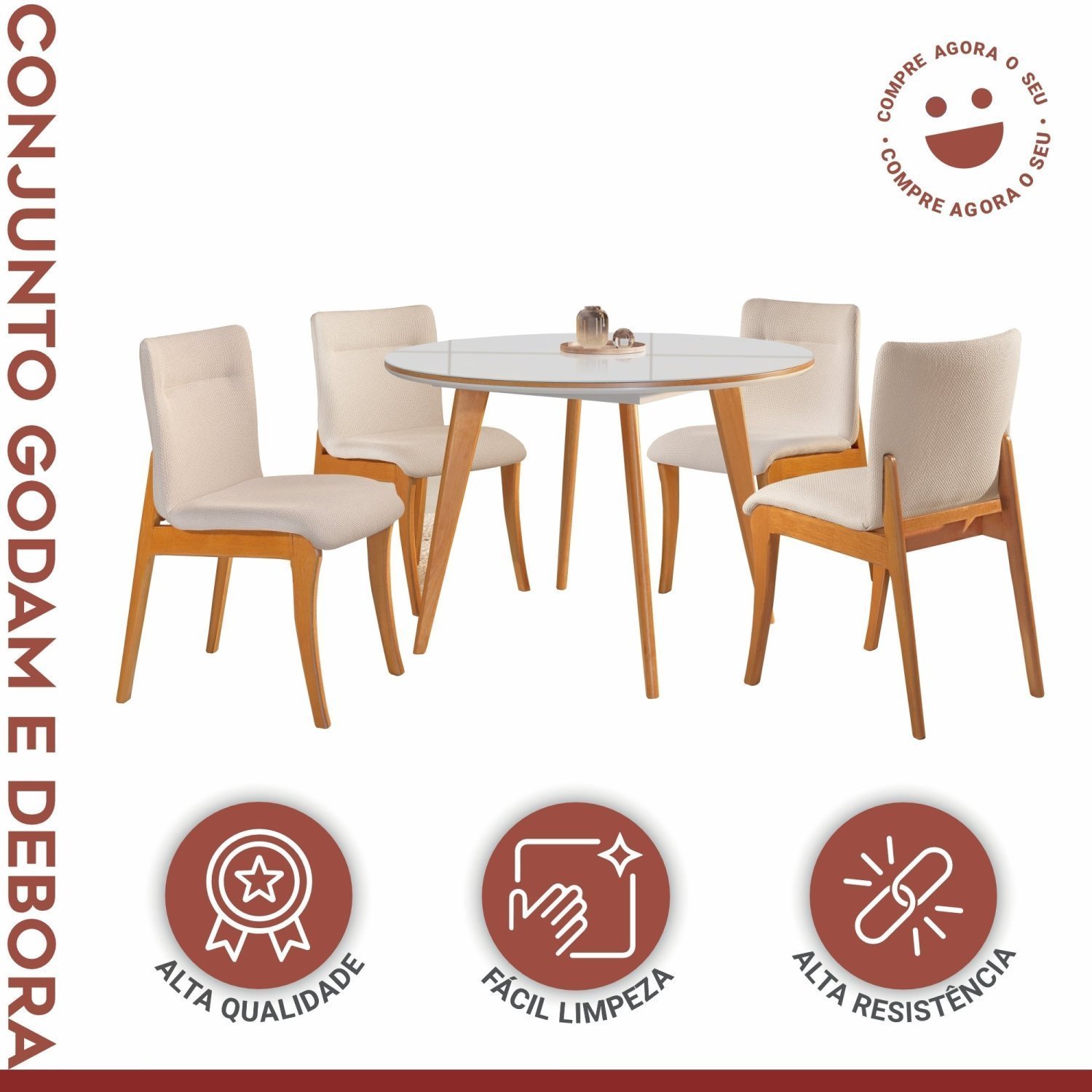 Conjunto Sala de Jantar Mesa Godam 110cm com 4 Cadeiras Debora estrutura em madeira Maciça e Tampo MDF/Vidro - 11