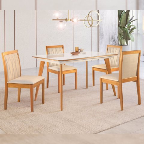 Conjunto Sala de Jantar 4 Lugares Tampo Vidro/MDF 135cm Madeira Maciça Mesa Mad e Cadeiras Hydra Cin