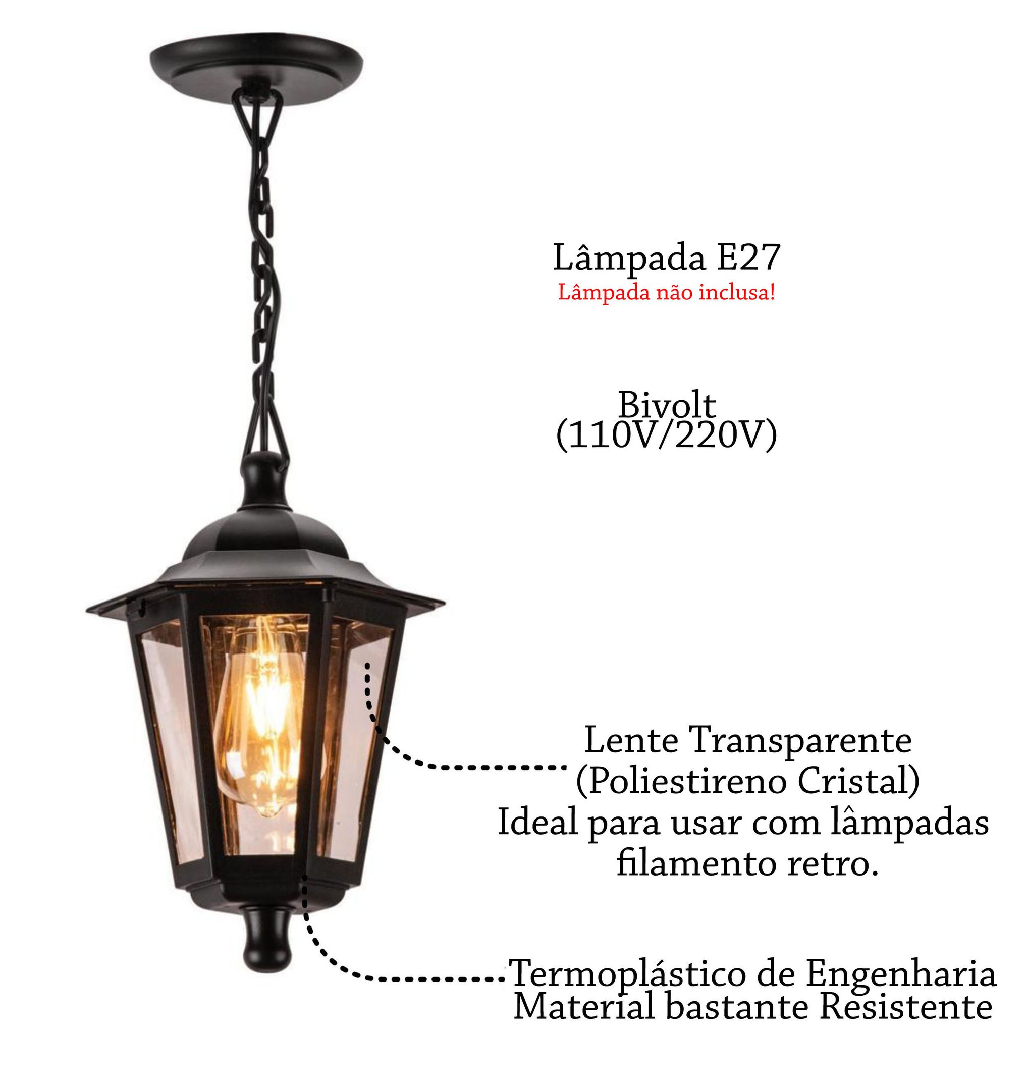 Pendente Preto Externo Retro E27 Lente Transparente Lup39 - 2