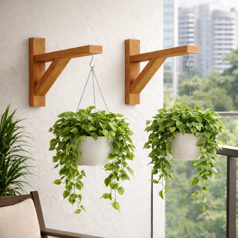 Kit 2 Suportes Suspenso Mão Francesa Vaso de Plantas Pendente em Madeira 24cm