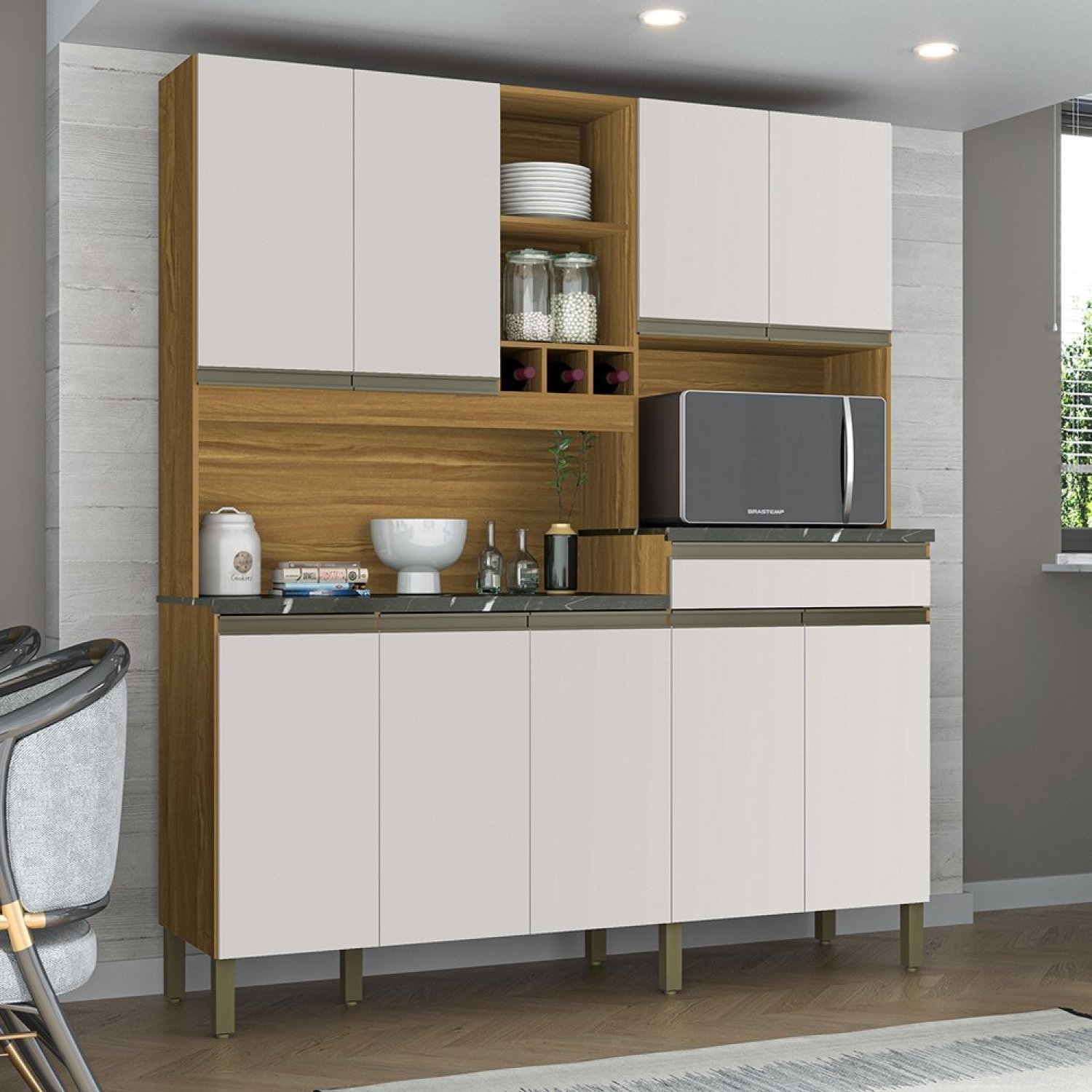 Cozinha Compacta com 9 Portas 1 Gaveta e Espaço para Micro-ondas