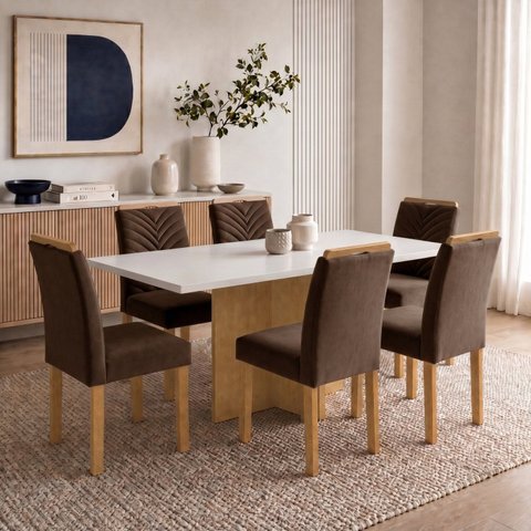 Conjunto de Mesa 6 Lugares com 6 Cadeiras Carol em MDF Cinamomo e Off White