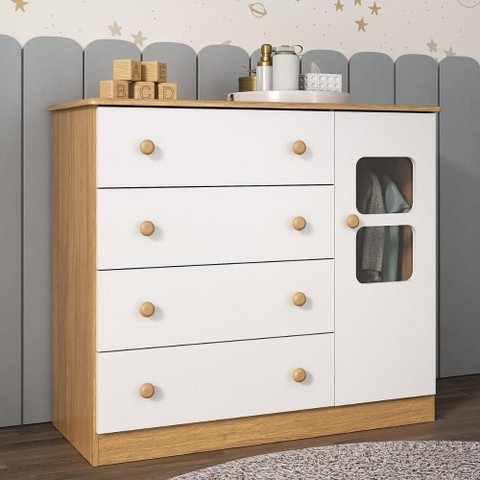 Cômoda Infantil 95cm 1 Porta com Vidro e 4 Gavetas Brisa Multimóveis Mp4428 Madeirado/branco