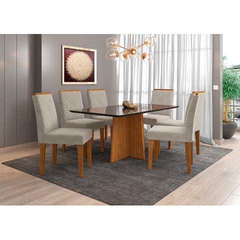 Conjunto Mesa Ana 160cm com 6 Cadeiras Amanda - Ipê / Preto / Wd22
