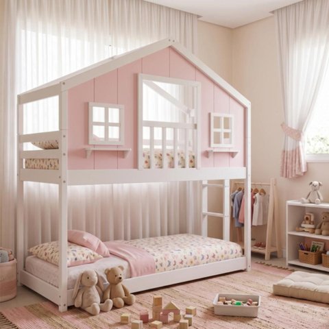 Beliche Infantil Montessoriano com Varanda Casinha Dos Sonhos Madeira Maciça Rosa/Branco Housin