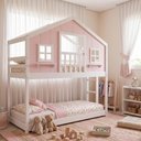 Ver imagem 1 de Beliche Infantil Montessoriano com Varanda Casinha Dos Sonhos Madeira Maciça Rosa/Branco Housin