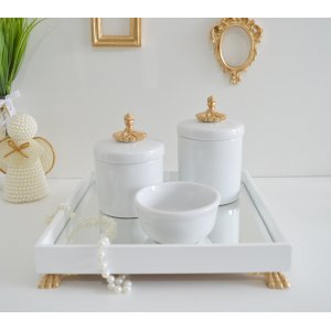 Kit Higiene Porcelana Bebê + Potes + Bandeja - Provençal Dourado