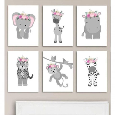 Quadro Infantil Safari Rosa 6 Un A4 Vidro e Pendurador