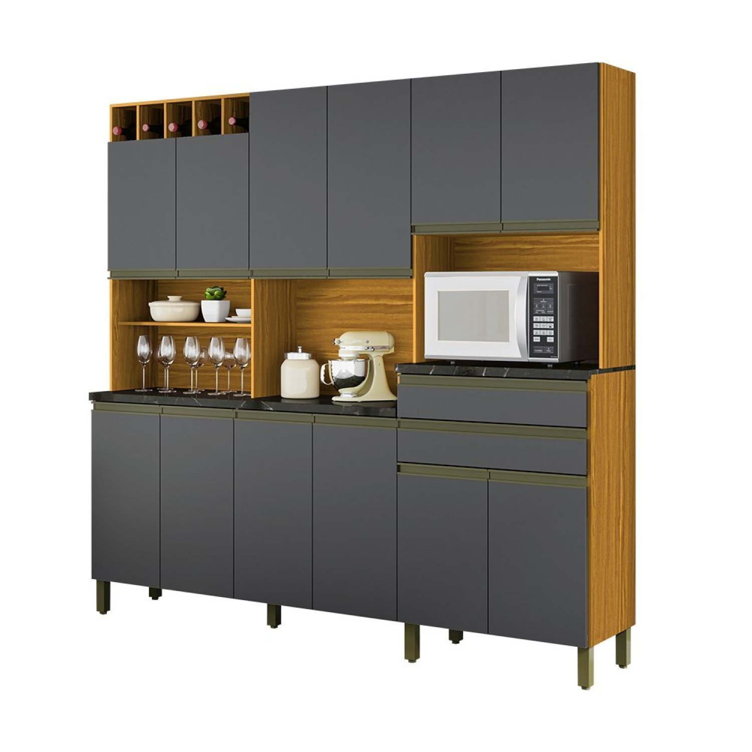 Cozinha Compacta com 12 Portas 2 Gavetas e Espaço para Micro-ondas 100% Mdf Pressac Espresso Móveis - 2