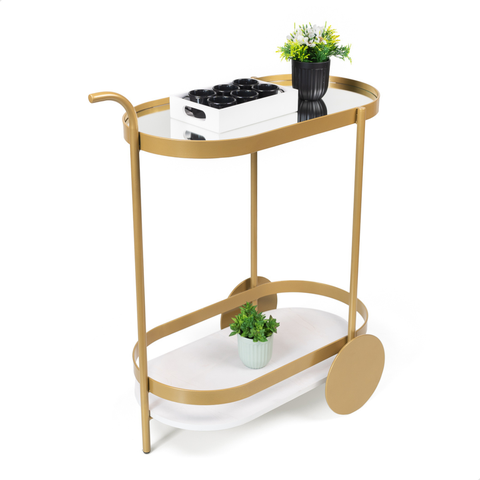 Carrinho de Chá Industrial Decorativo Dourado com Espelho