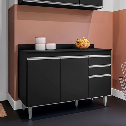 Balcão Melissa com Tampo 120cm 3 Portas 2 Gavetas Preto Maderatto Móveis