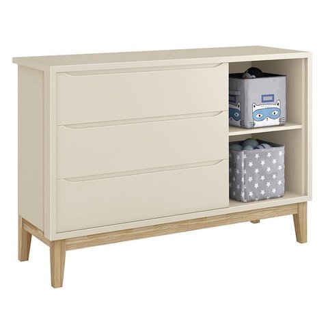 Jogo de Quarto Classic Guarda Roupa 2 Portas e Cômoda Areia Fosco com Pés Madeira Natural - Reller
