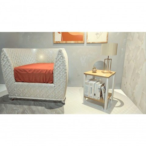 Mesa de Cabeceira 1 Nicho Mdf Branco com Amadeirado Claro Progetatti Movelaria