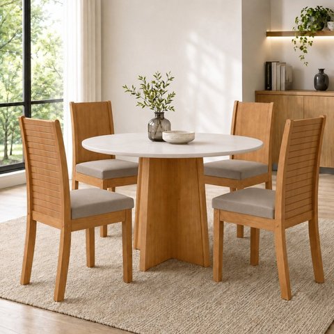 Conjunto Sala de Jantar 4 Lugares Redonda Tampo MDF Mesa Celebrare e Cadeiras Athenas Cinza Amêndoa Clean/Off White/Capuccino