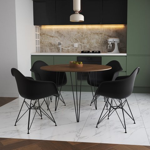 Mesa Jantar Redonda 110cm Amêndoa Clips 3 Pés com 4 Poltronas Pretas Eames Eiffel Ferro Preto