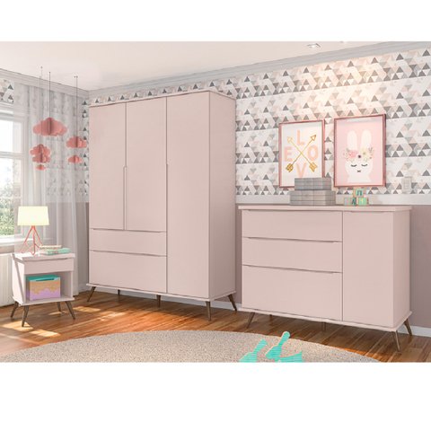 Jogo de Quarto Infantil de Bebê Melinda Rosê 100% Mdf Roupeiro + Cômoda + Mesa de Apoio - Phoenix Ba