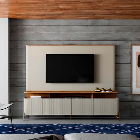 Rack Portas Brise e Pés em Metal com Painel 220cm 100% Mdf Cor:louro e Luna com Dourado