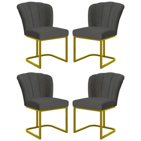 Kit 4 Cadeiras Jantar Flor Mesa Cozinha Reforçada Base Metal Dourada Cor:cinza