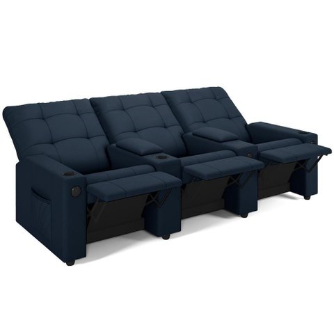 Poltrona do Papai Reclinável Cinema 3 Lugares Manual Baú Usb Haifa F05 Veludo Azul - Lyam Decor