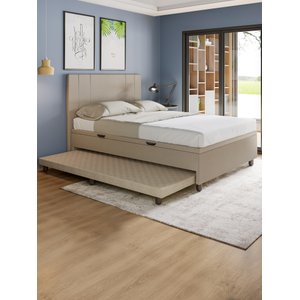 Base Cama Baú Casal com Cama Auxiliar C/colchão Conjugado Linho Bege - Skybox